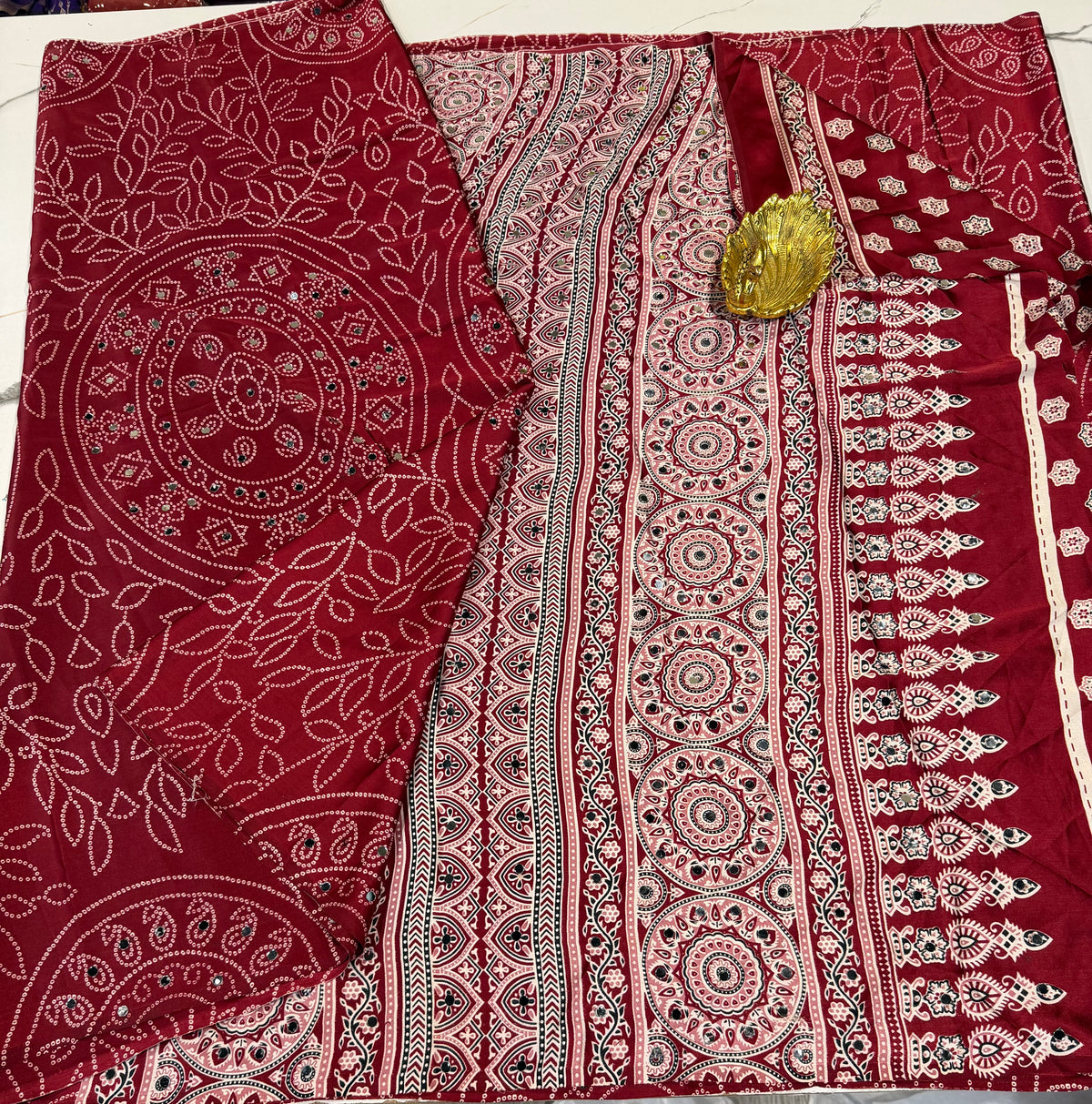 AM-950 Maroon Ajrak mirrors saree