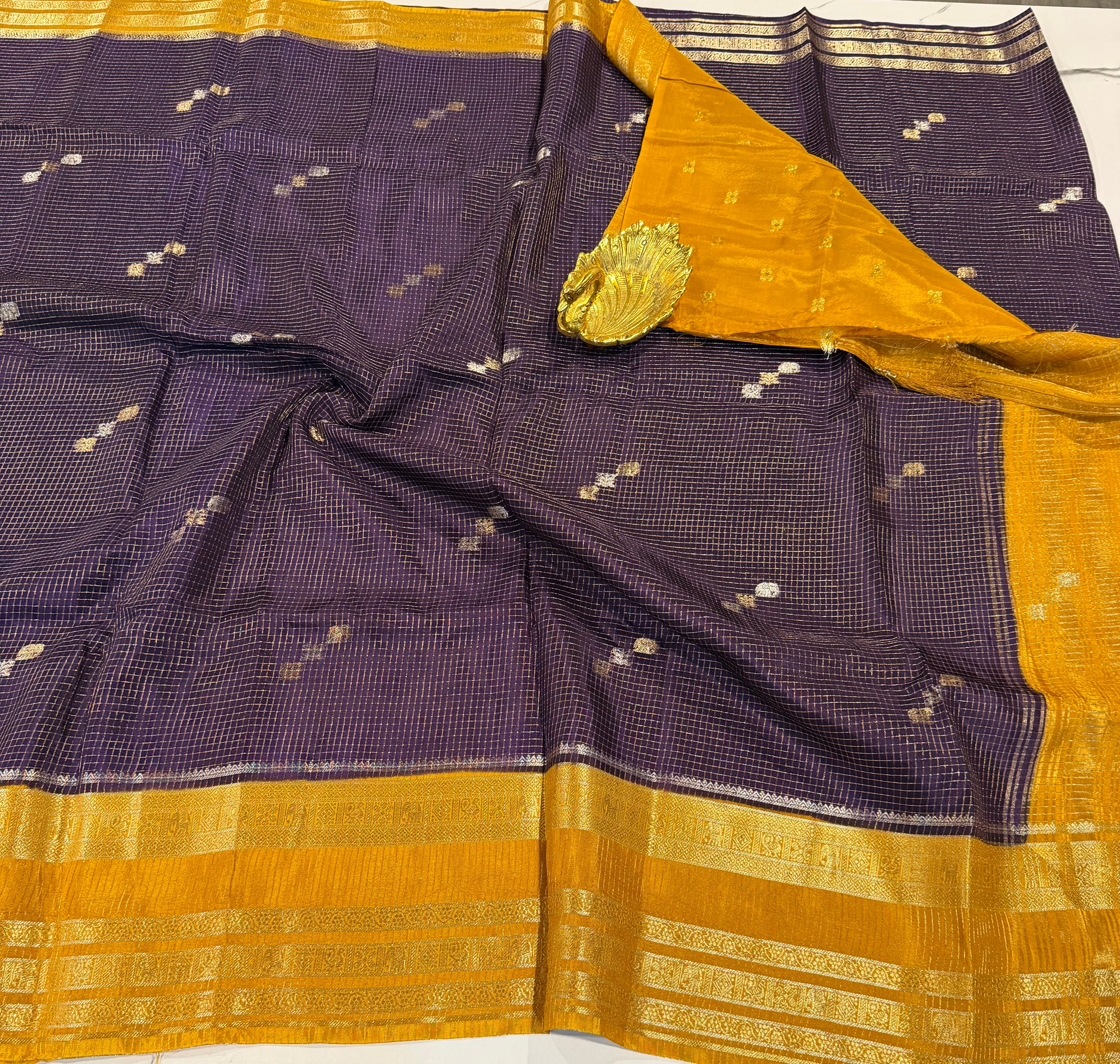 KS-23  Brinjal n Mustured yellow  blue vairaoosi Vintage Kanchi saree