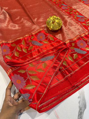 KT-53 Dark orange kanchi tissue paithani borders saree