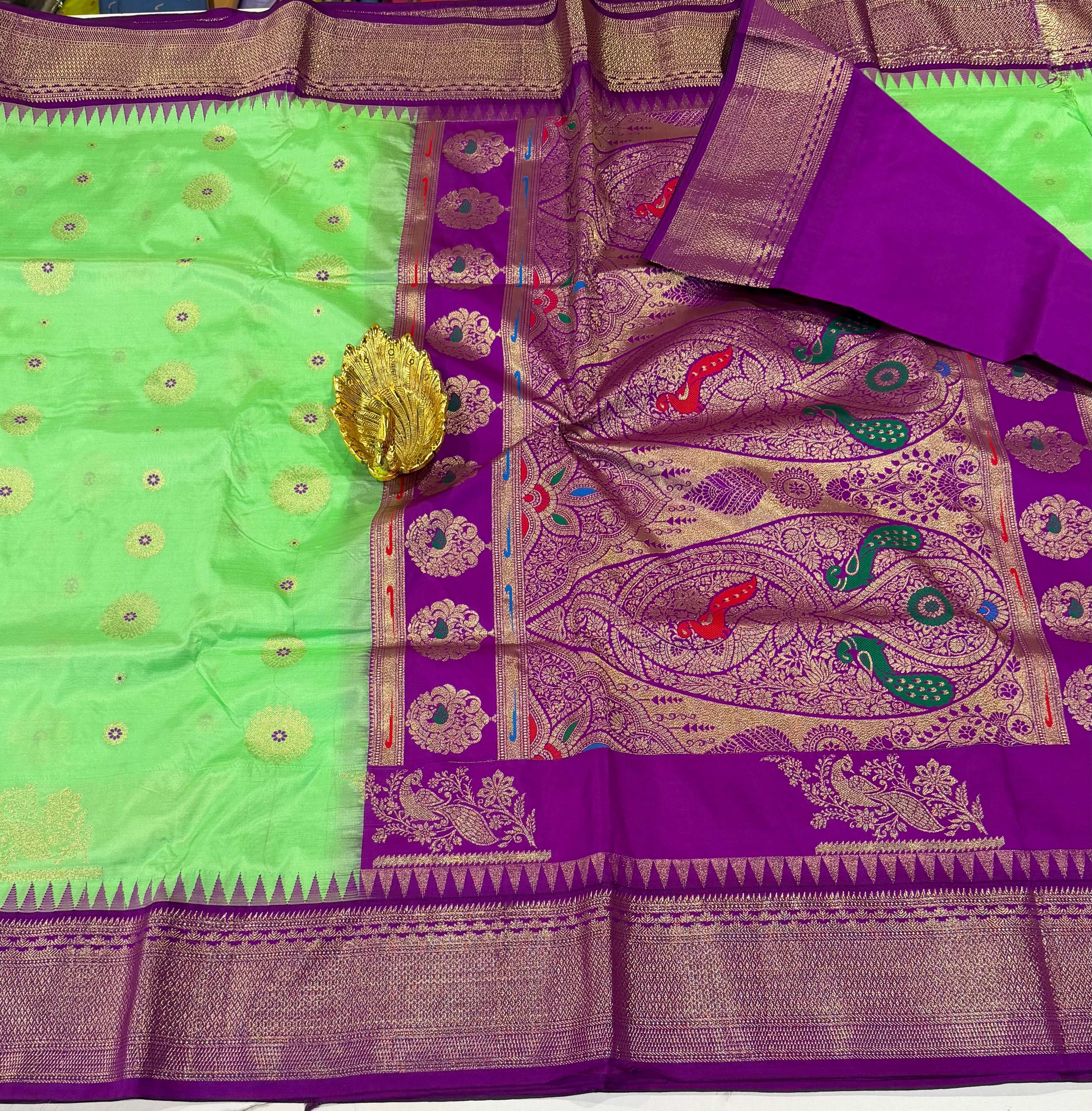 SN-35 Semi narayanpet sea green and  purple border saree
