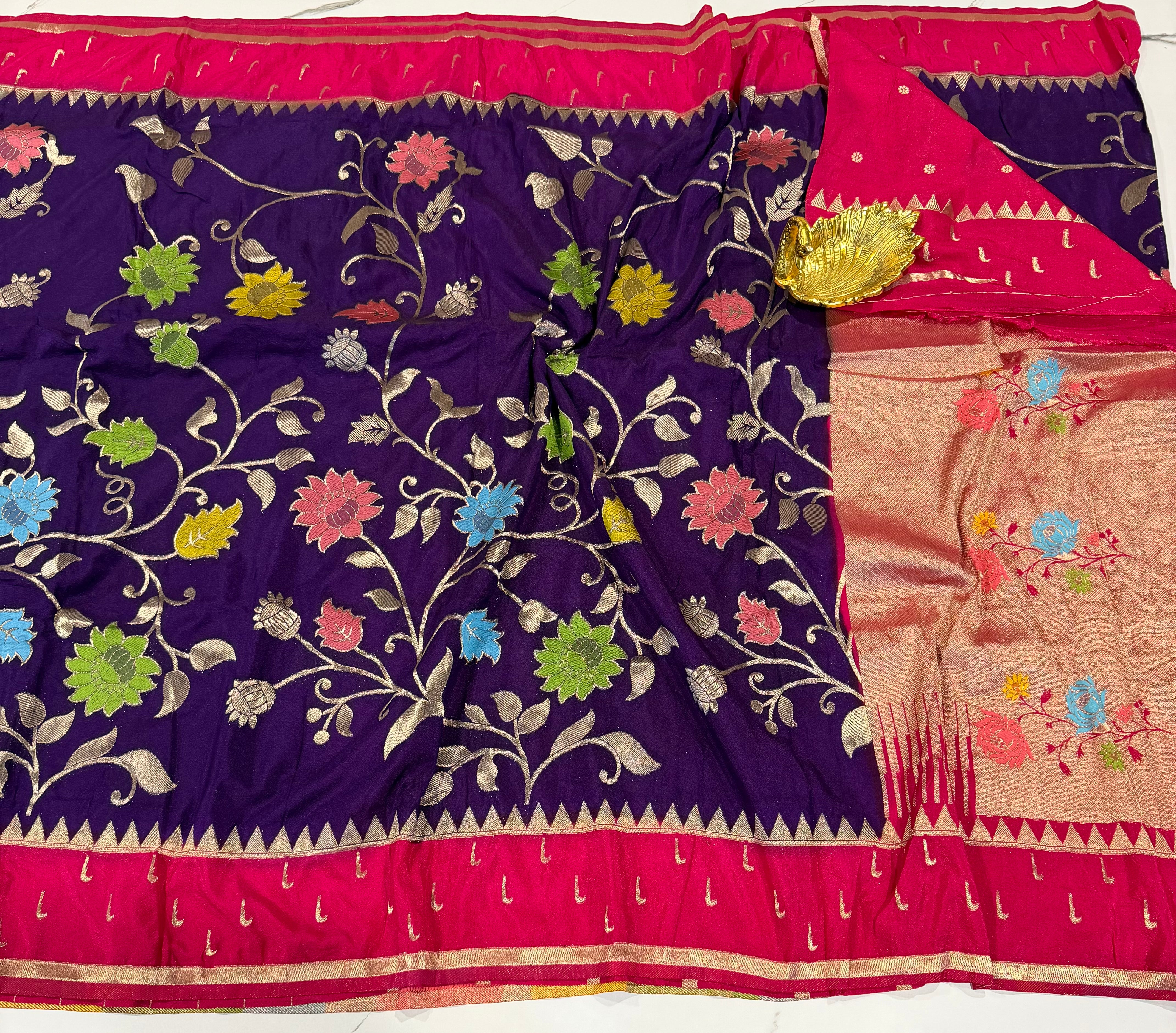 SMJ-1899 violet and ranipink border semi Georgette jamdani saree