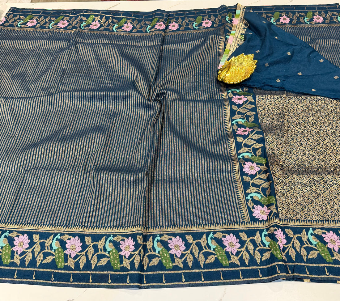 Gv-1950 peacock blue Banaras green mango saree