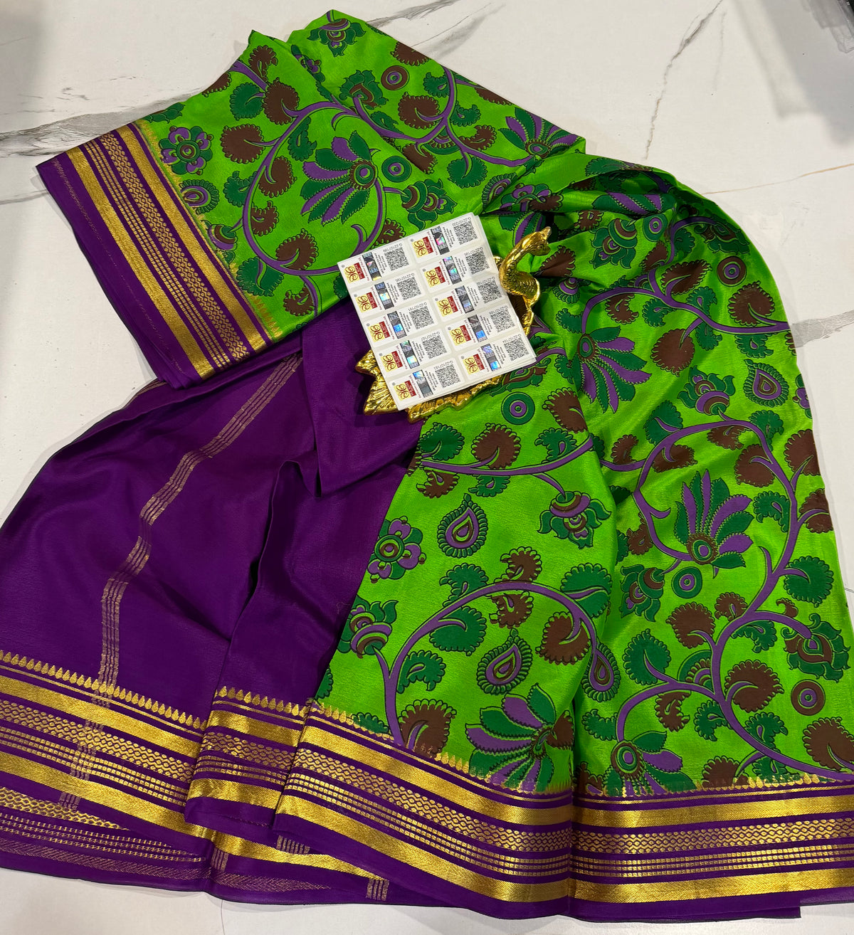 KM-6500 green colour pure Mysore crep block prints saree