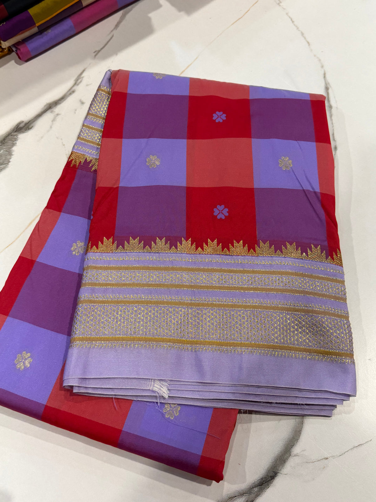 M-3450 Red n Lavender Madras checks Narayanpet saree