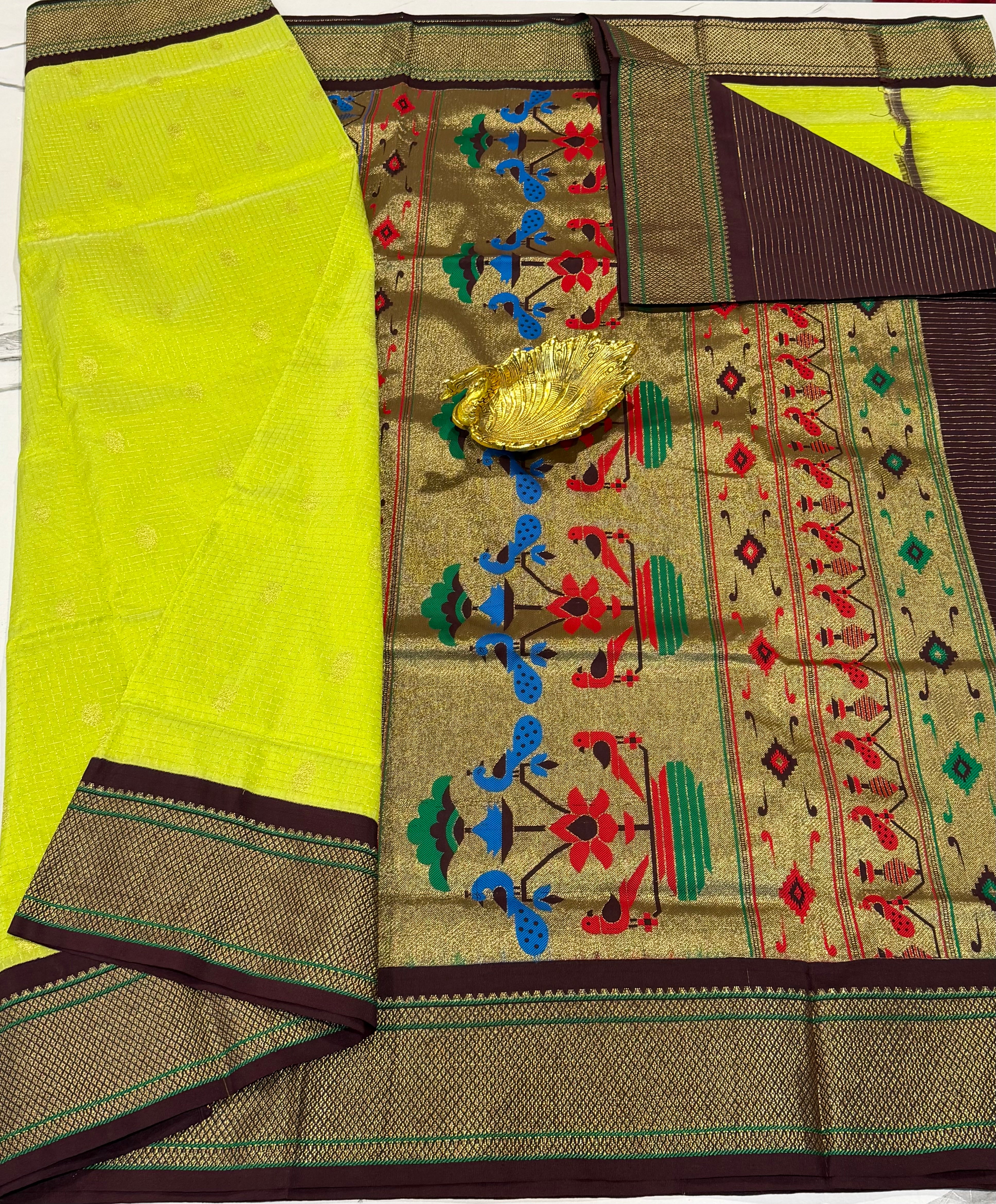 LD-SN35 
lemon yellow and brown border saree