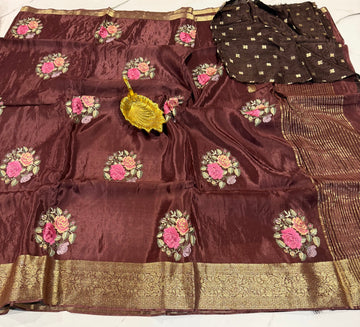 CP-27 Brown saree Banaras crepe