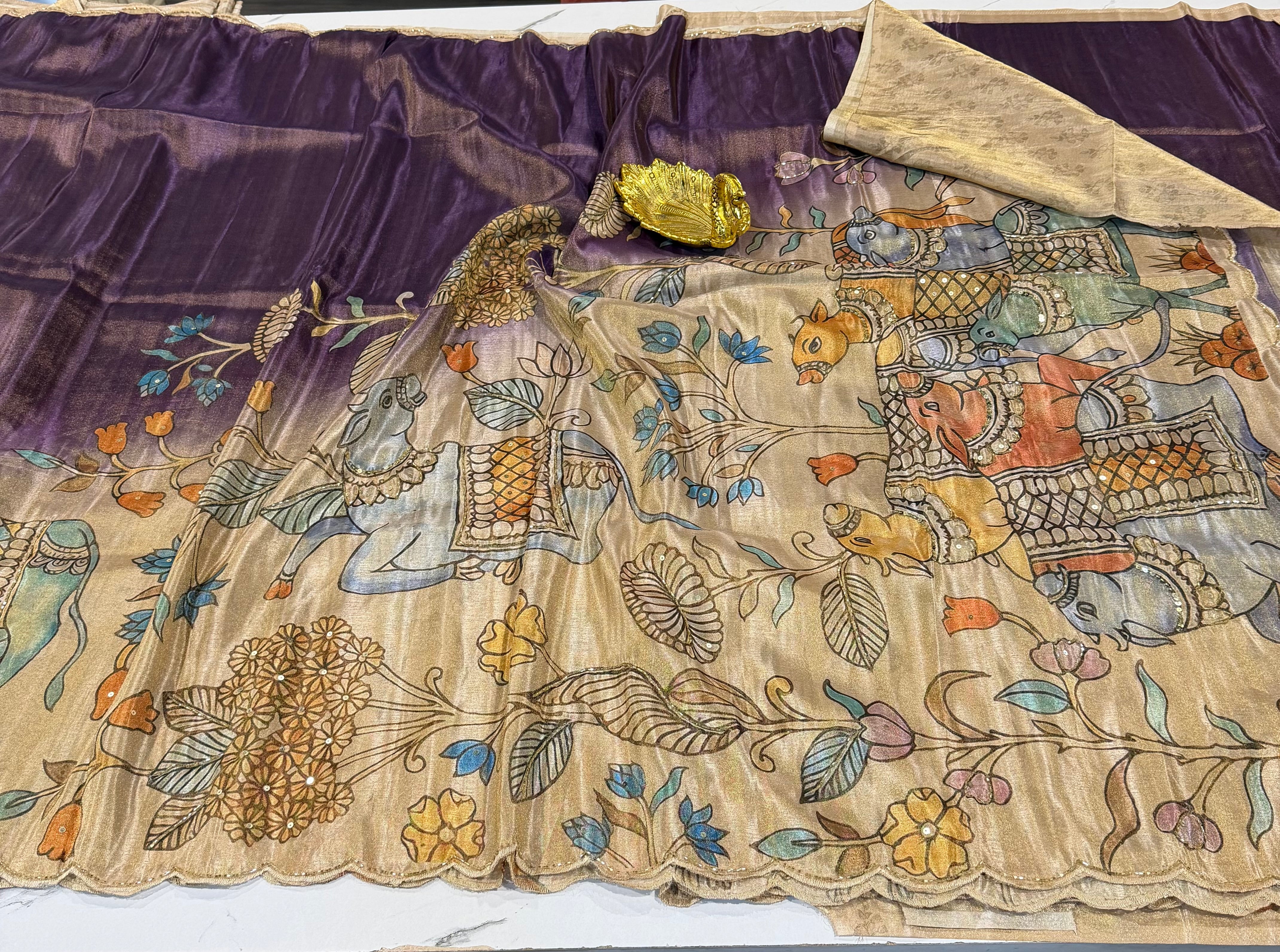 LD-T24 fancy 1gm tissue Kalamkari maggam work style saree purple colour saree