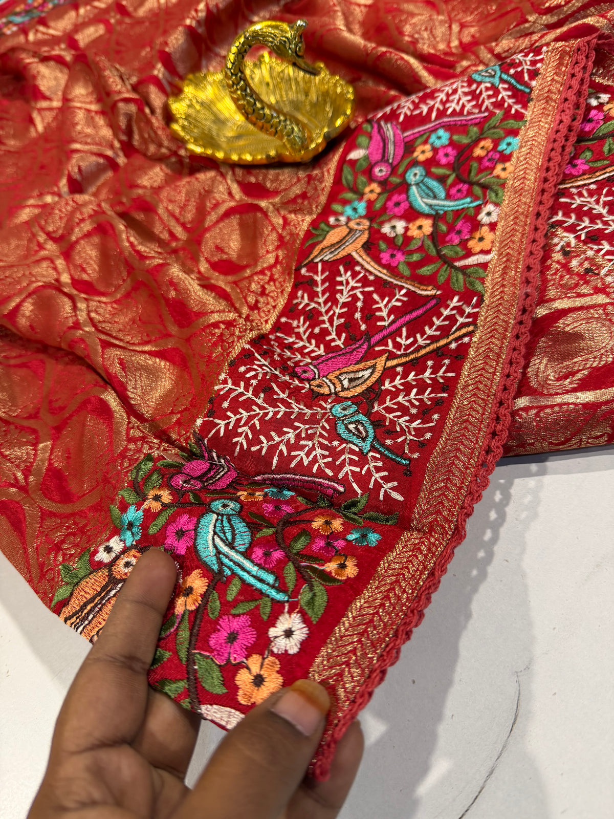 PH-3499 Red  Banaras katan Pettit work saree