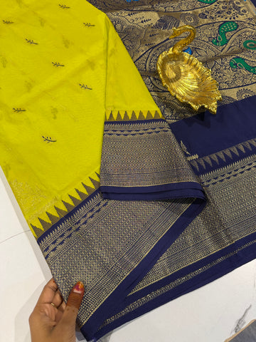 LD-NL35 semi narayanpet pattu lime green and navy blue border saree