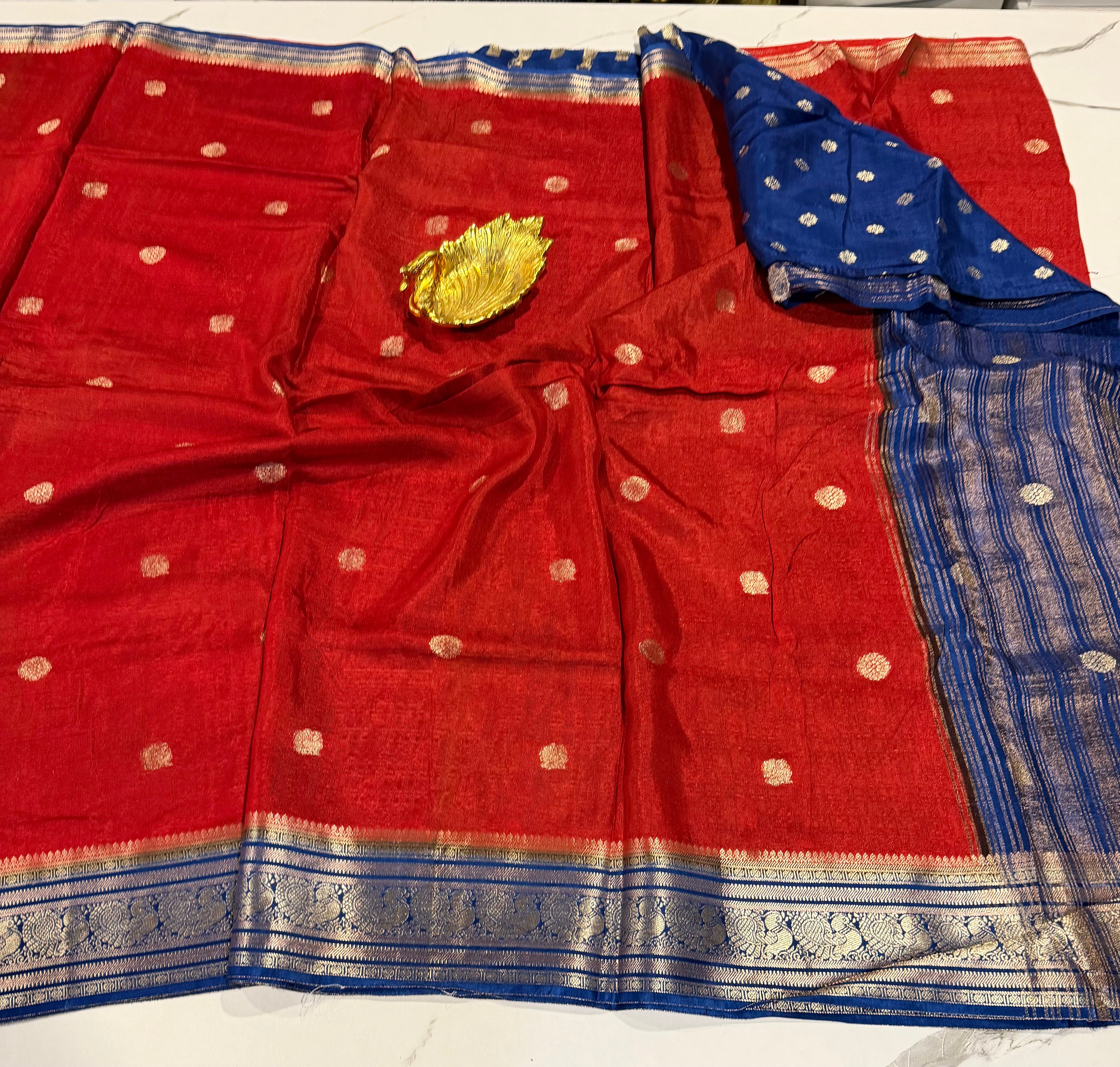 KJC3- Red n peacock blue -Kanchi Jute Crepe Saree