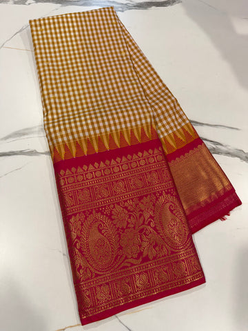SGC-2500 Madras checks gadwal Mustured n Red  border saree