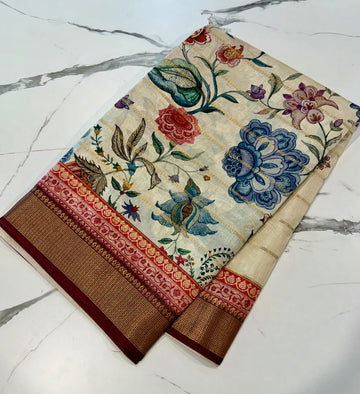 LD-C19 Banaras crepe prints ivory saree