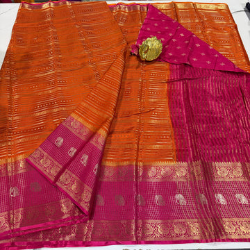 V-2100 orange n pink  banaras vintage Kanchi horizontal lines saree