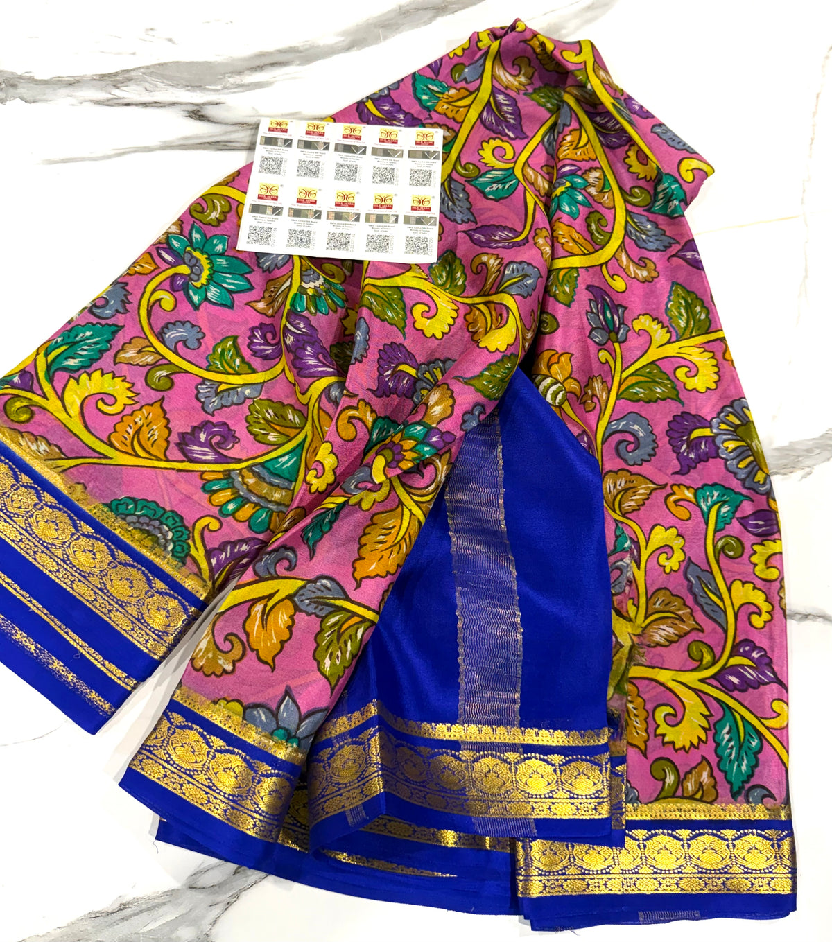 MV-6900 Babypink n blue colour Mysore pure crepe saree