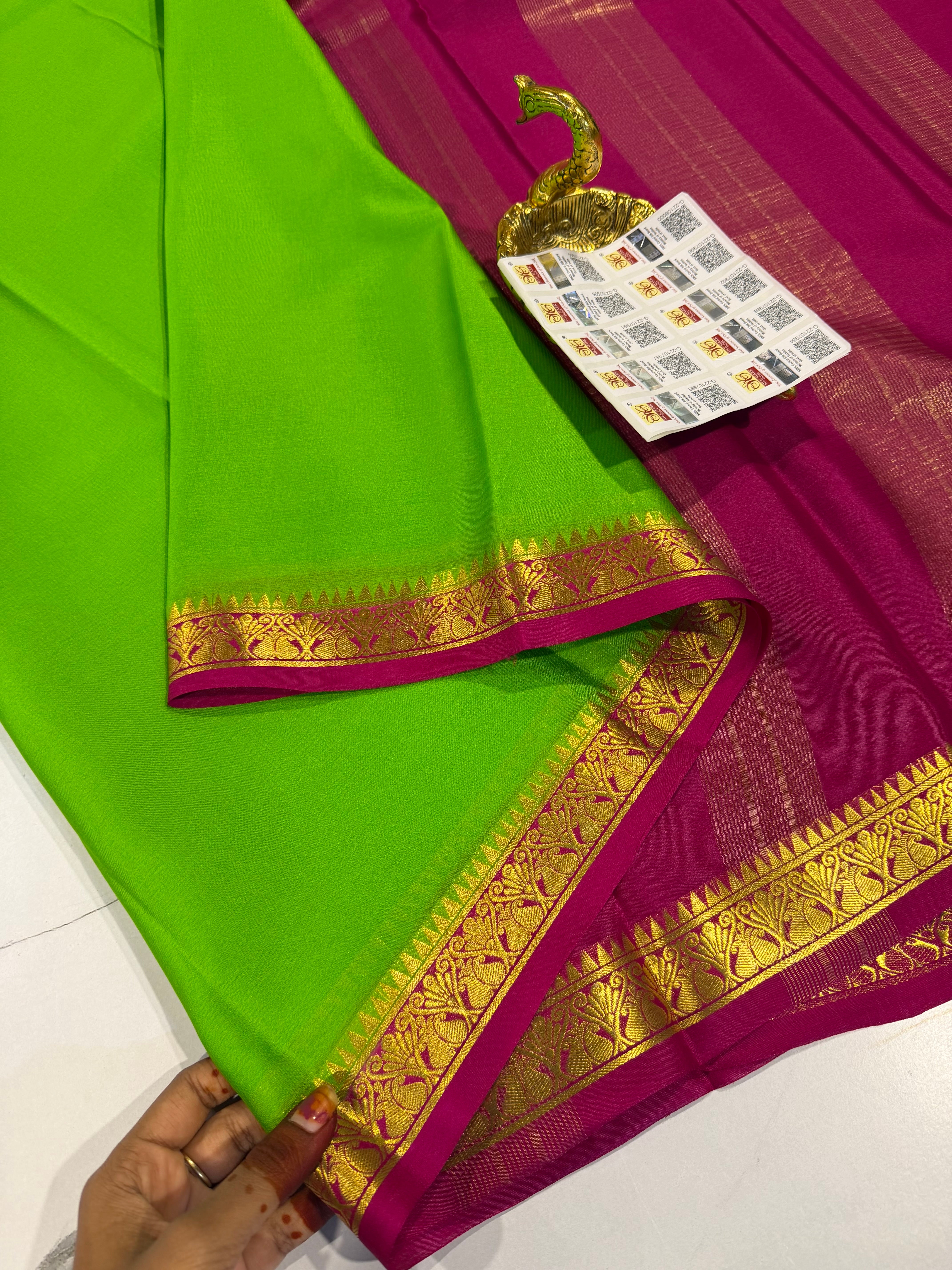 PM- 5700 green and pink border Mysore crepe silk saree