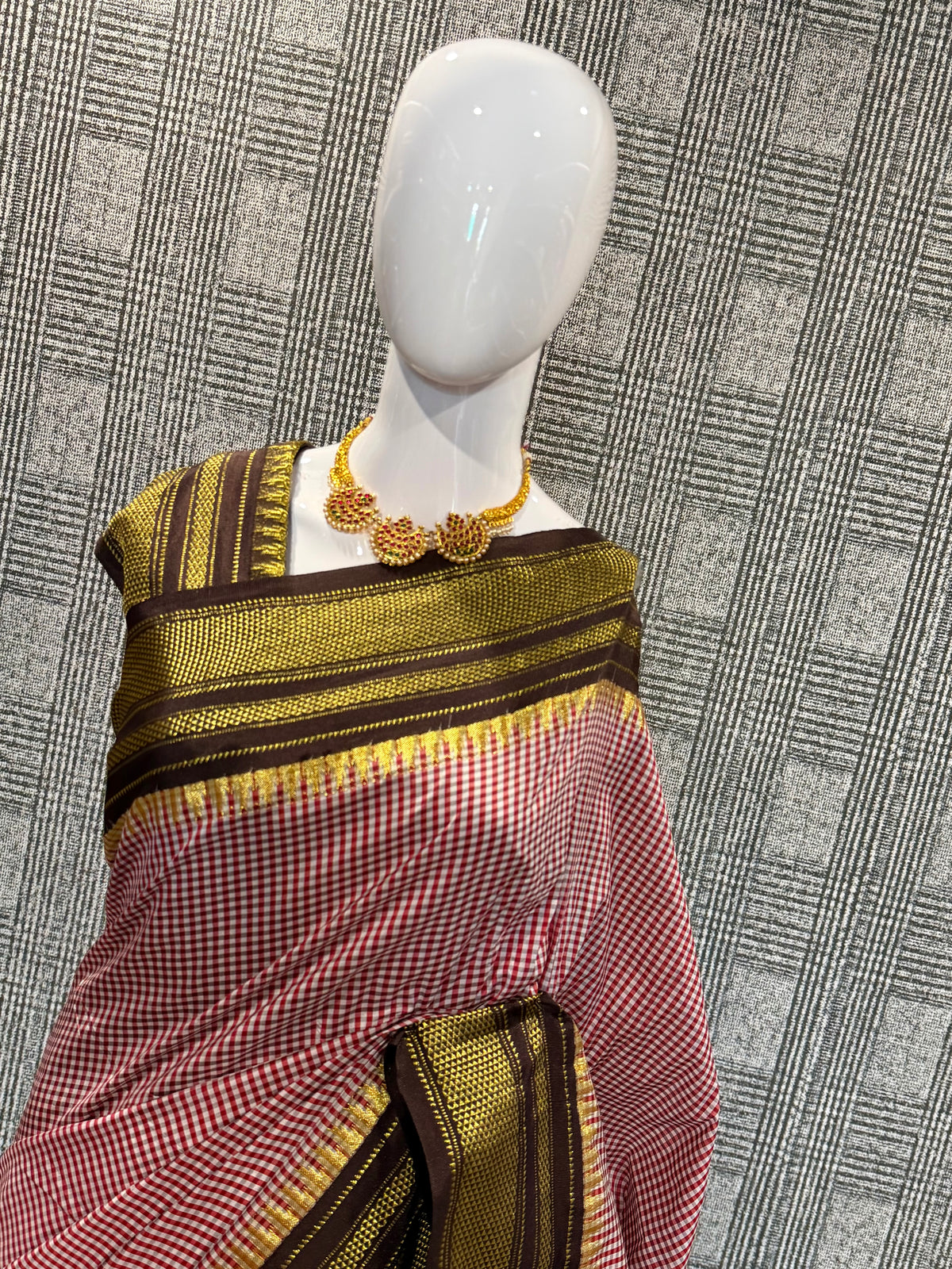 Nc-23 Red n white checks brown borders Narayanpet ilkal checks saree