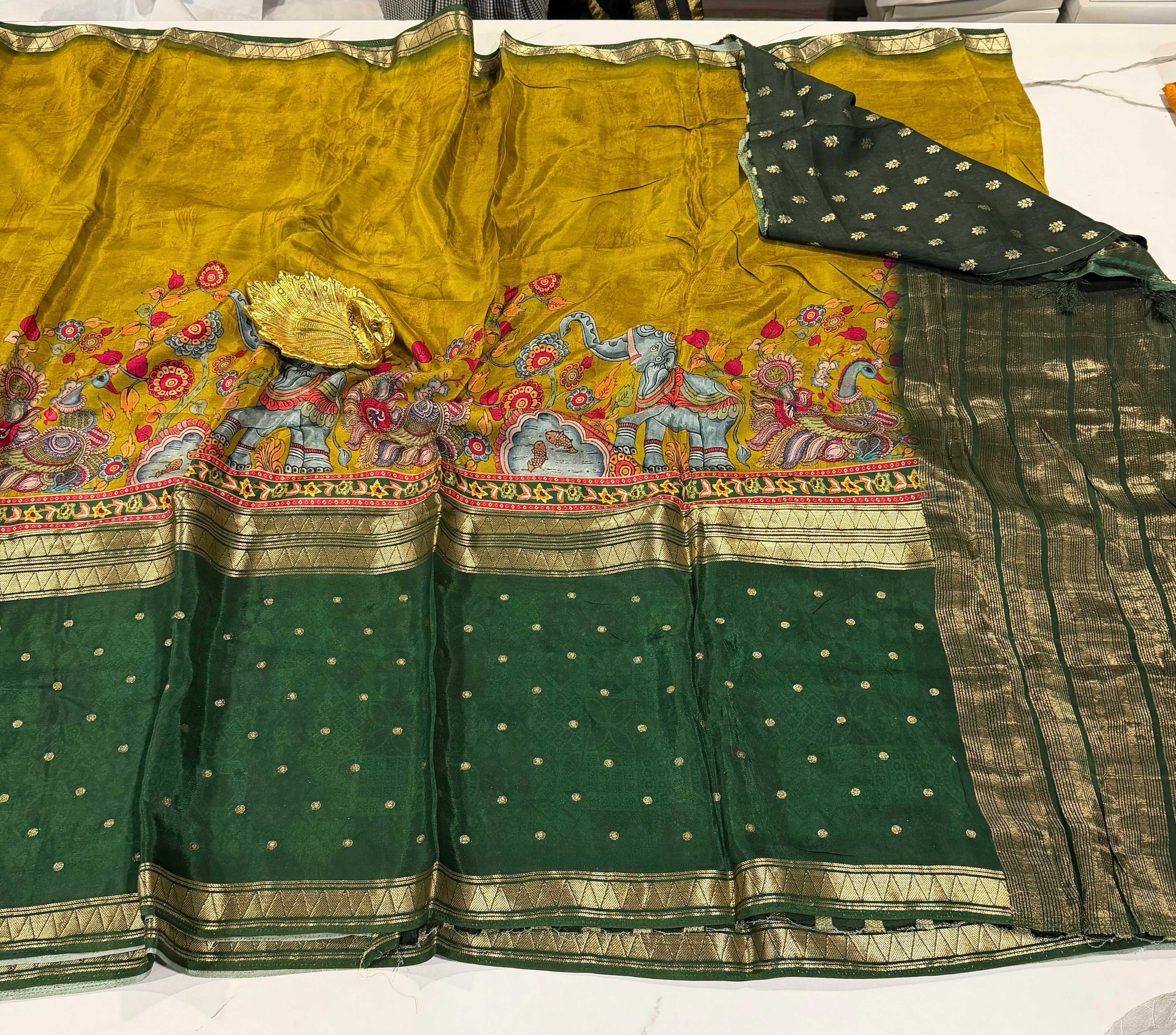 MC3299-mustered & green  - Mysore crepe semi - story telling concept