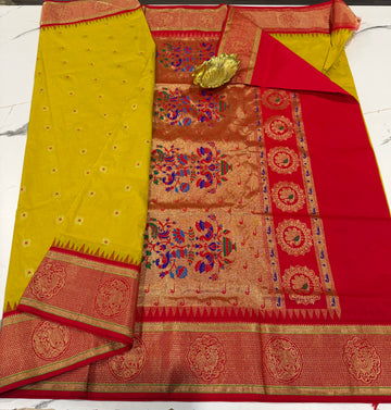 N4k mustard yellow and red border saree