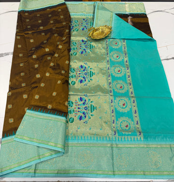 N4k dark mustard yellow and sky blue border saree