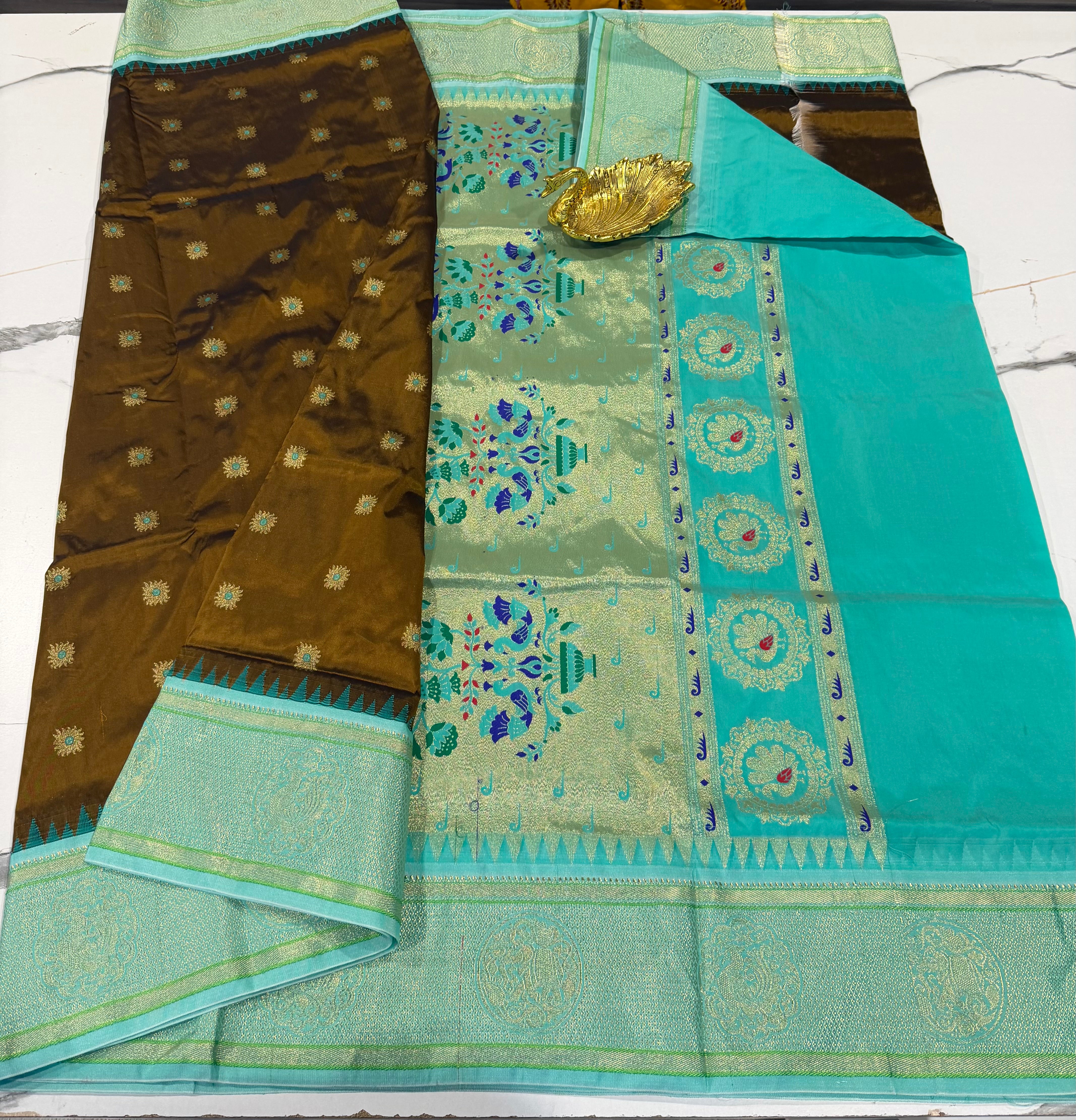 N4k dark mustard yellow and sky blue border saree
