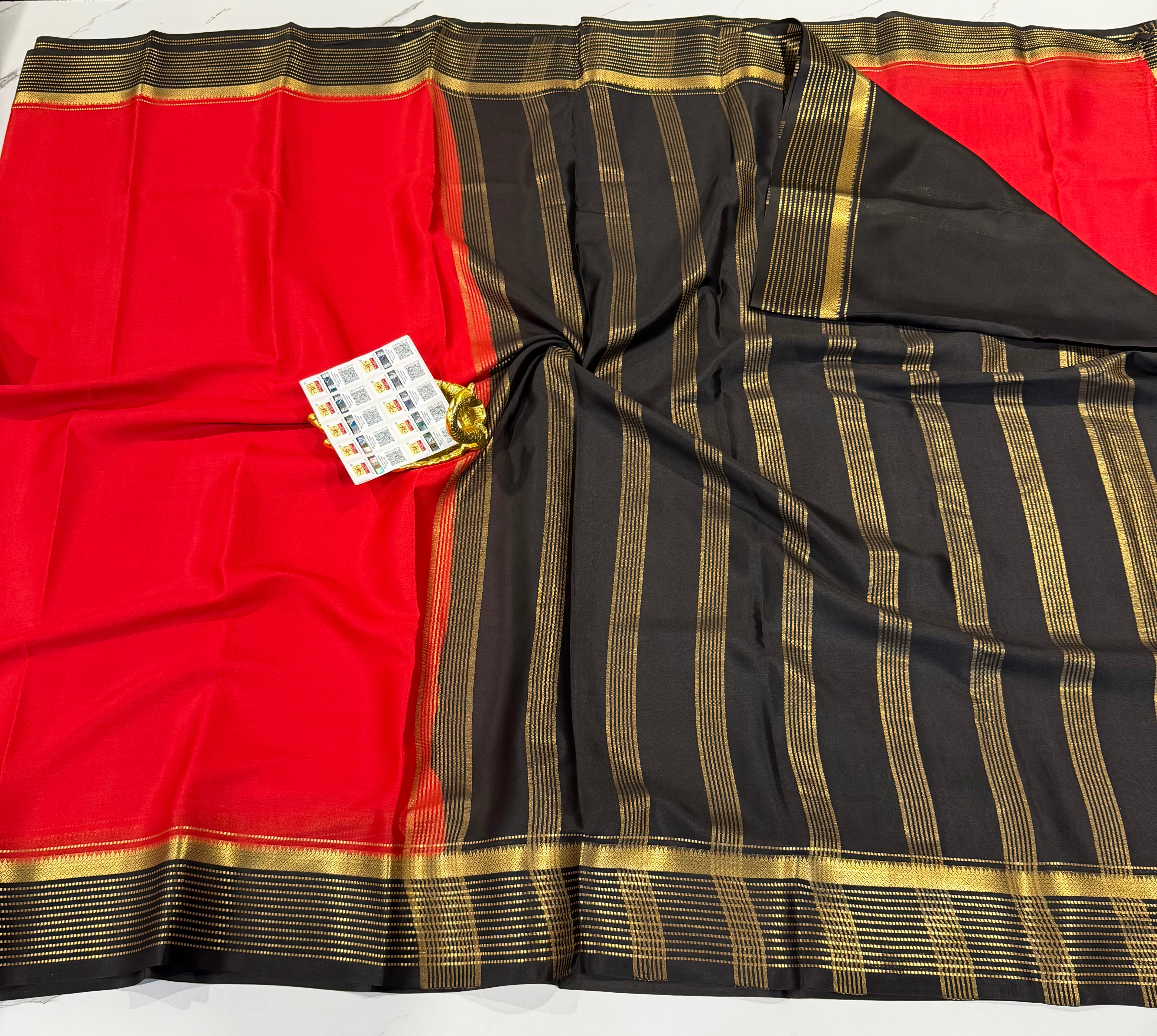 PM-5700 Red and Black colour border Mysore crepe silk saree