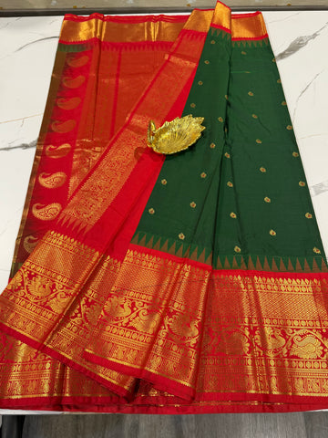 VG2 semi Gadwal dark green and red border saree