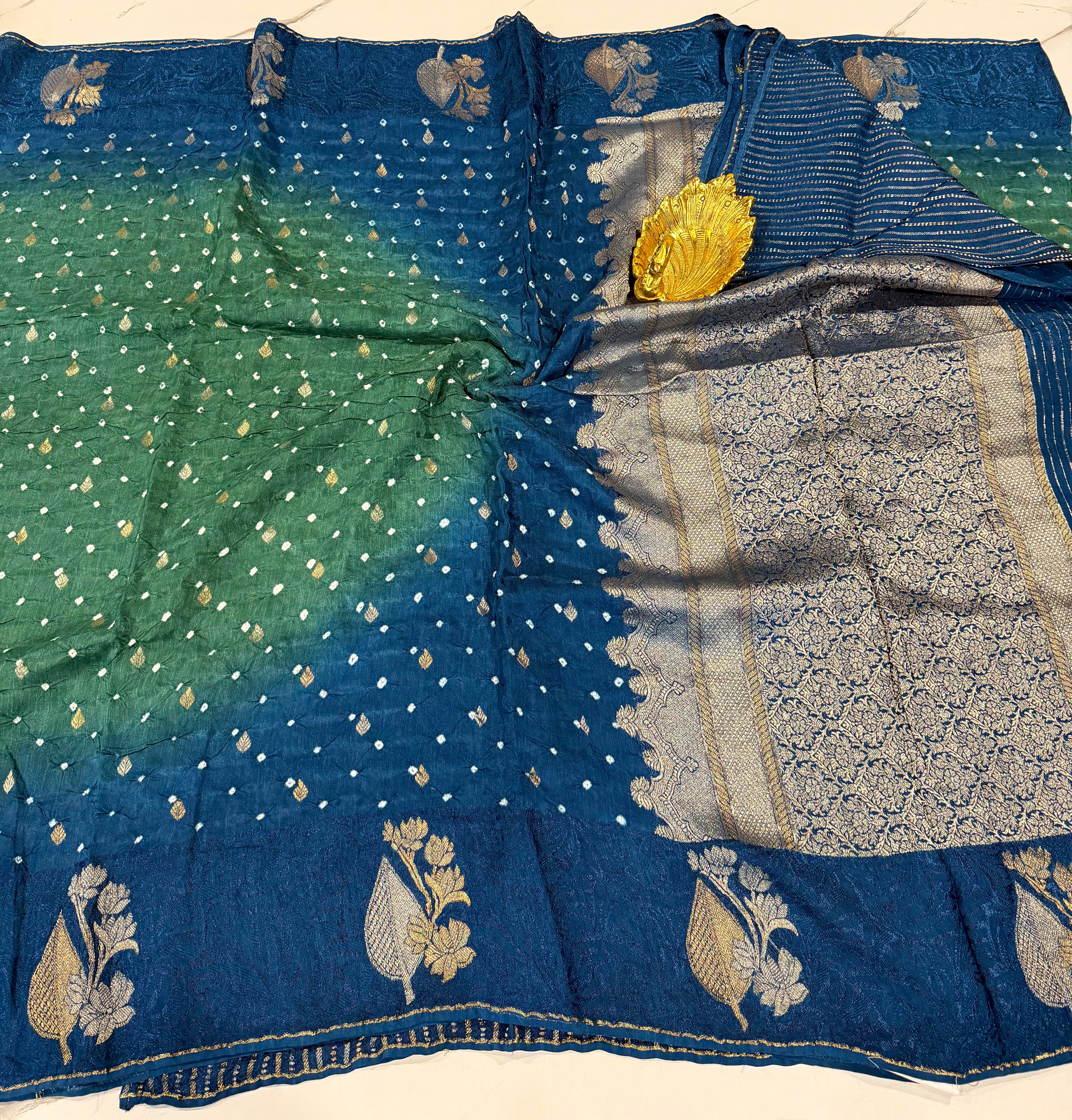 BN-3750 peacock blue n green bandini saree