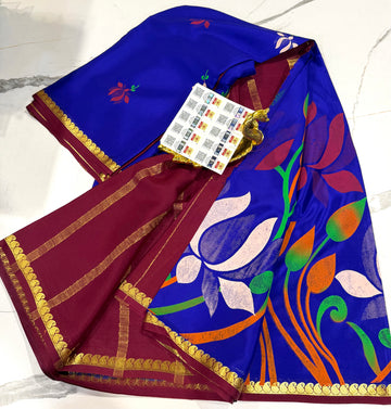 KM-6500 Blue colour pure Mysore crep block prints saree