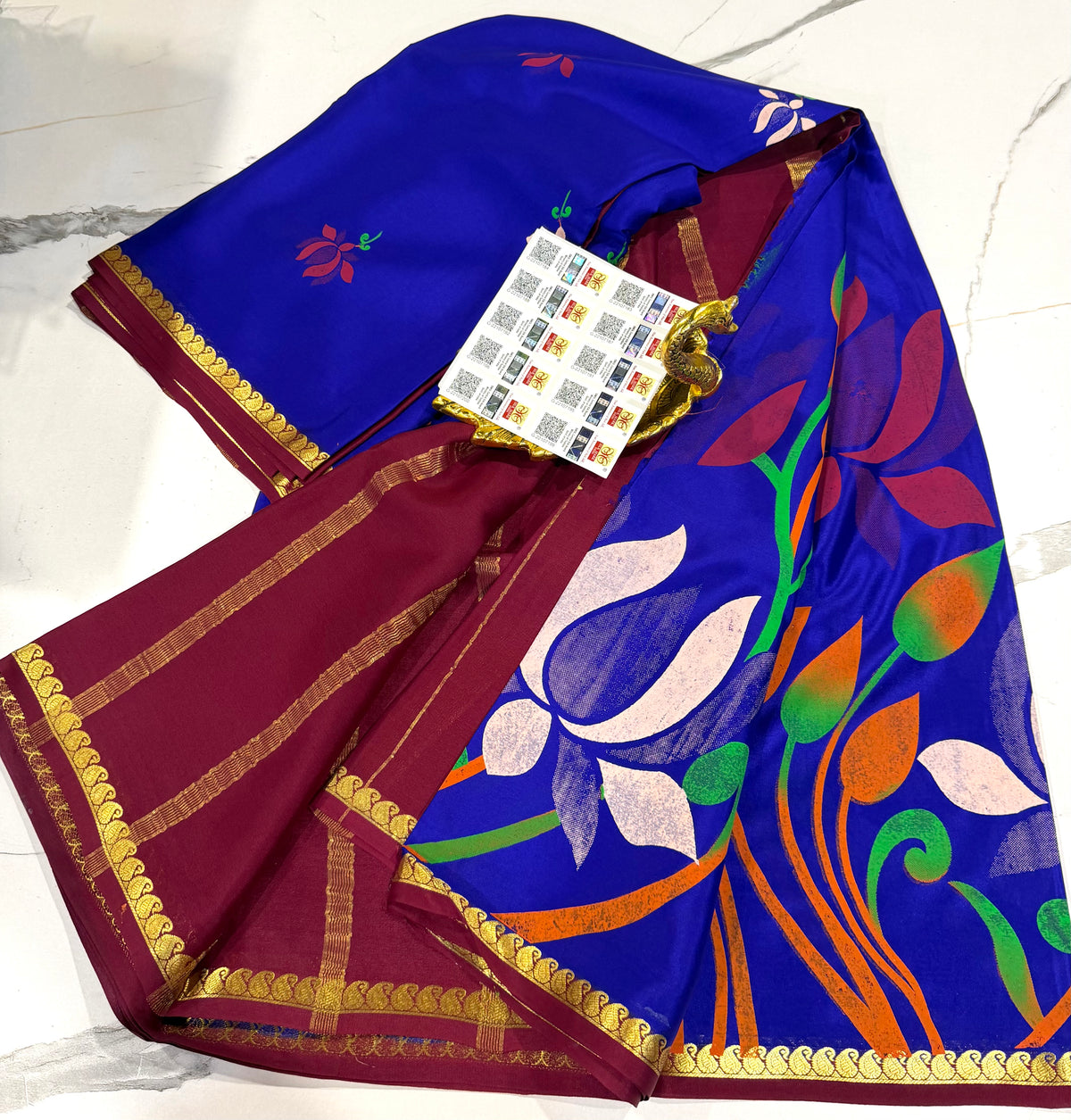 KM-6500 Blue colour pure Mysore crep block prints saree