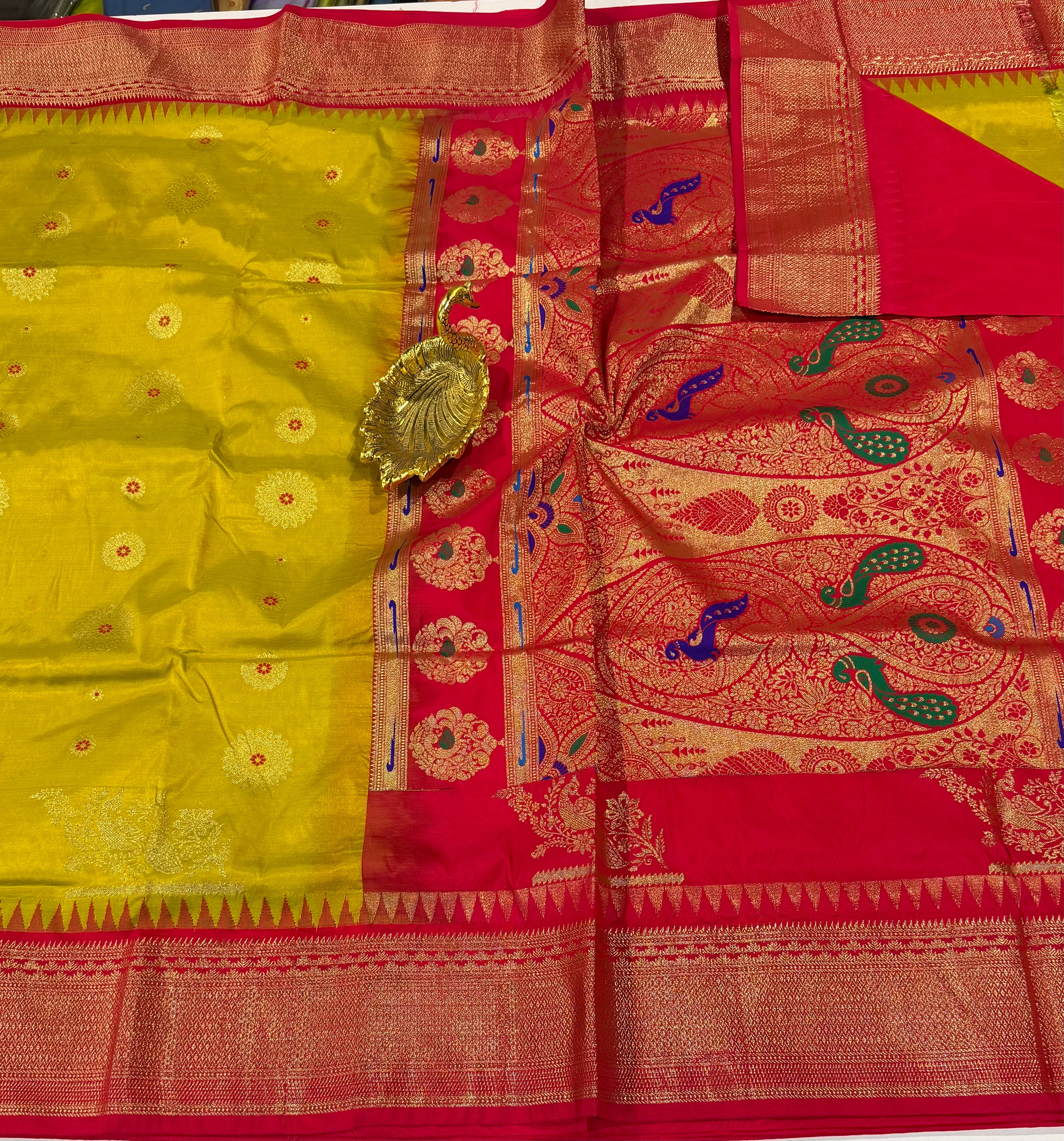 SN-35 Semi narayanpet mustard yellow and red border saree