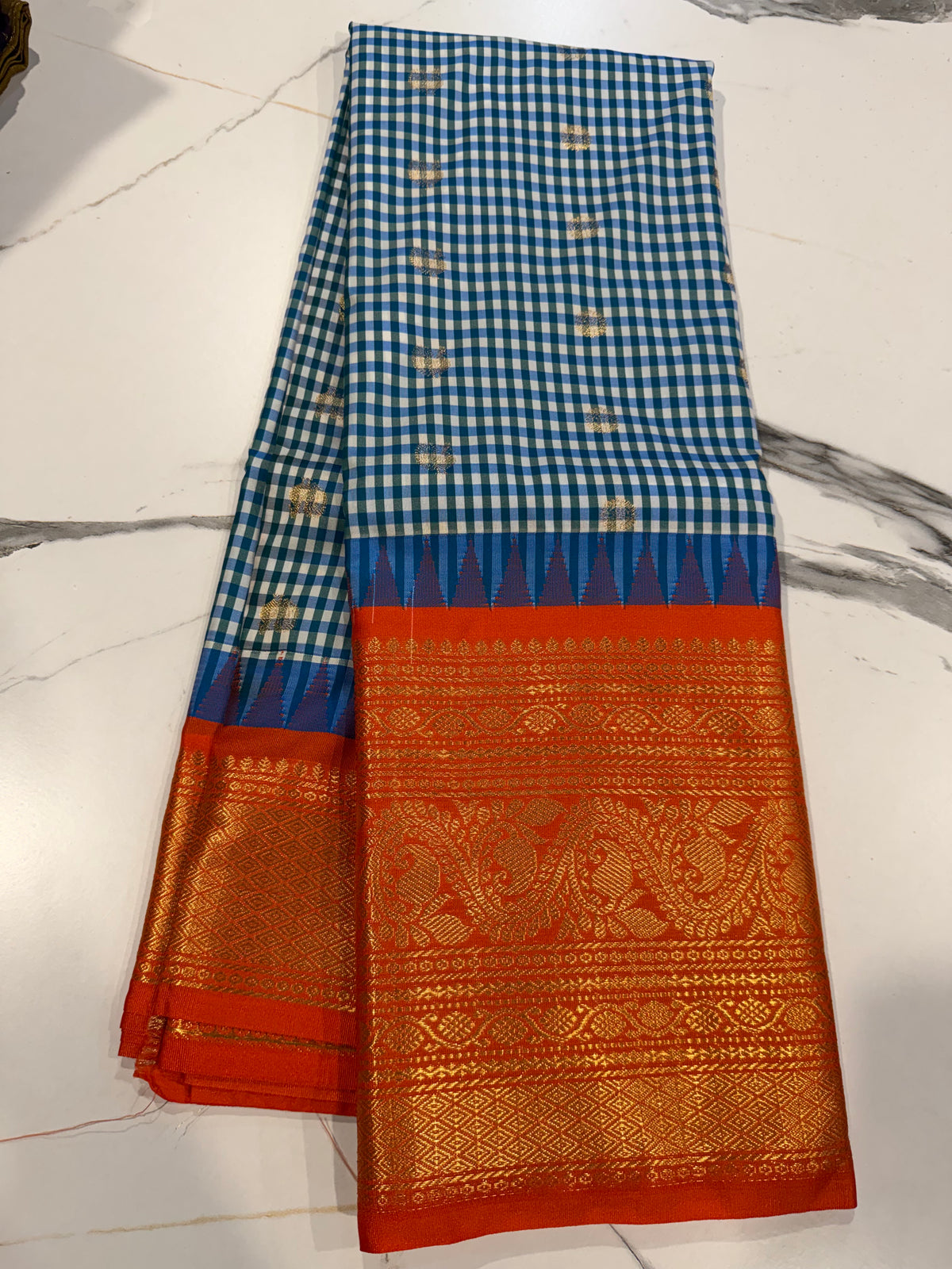 SGC-2500 Madras checks gadwal krishnablue n Orange border saree