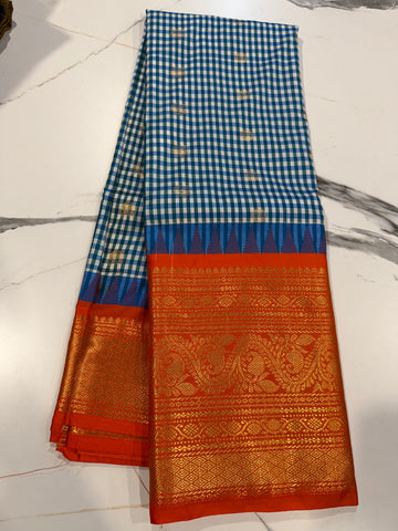 SGC-2500 Madras checks gadwal krishnablue n Orange border saree