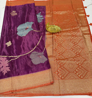 M-3300 wine n Rust Banaras crep allover weaving motifs saree