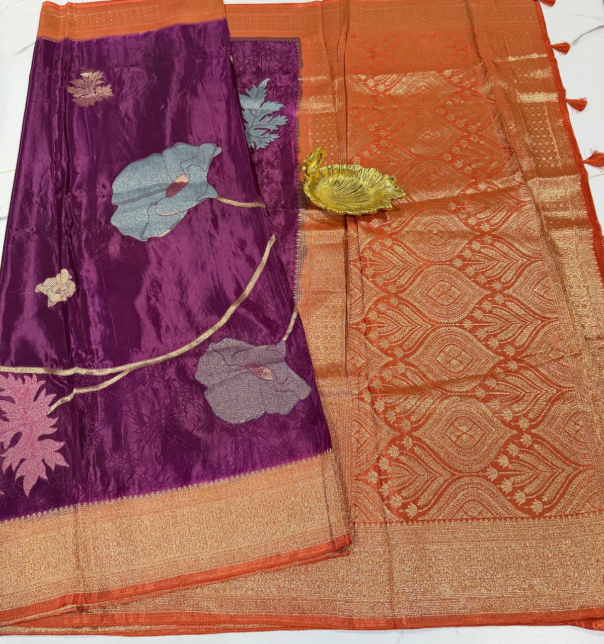 M-3300 wine n Rust Banaras crep allover weaving motifs saree