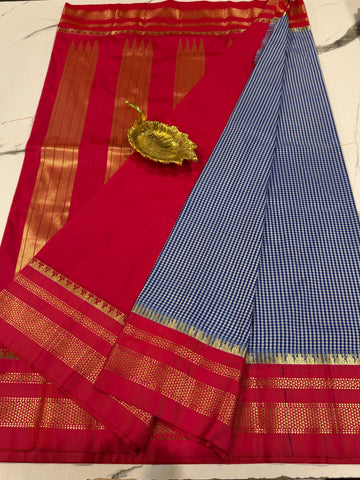 LD-N22 narayanapet blue n white checks and red border saree