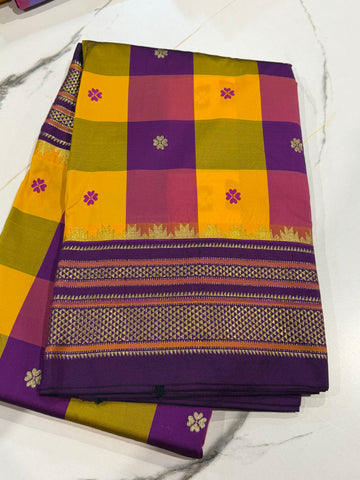 M-3450 purple , yellow & brinjal Madras checks Narayanpet saree