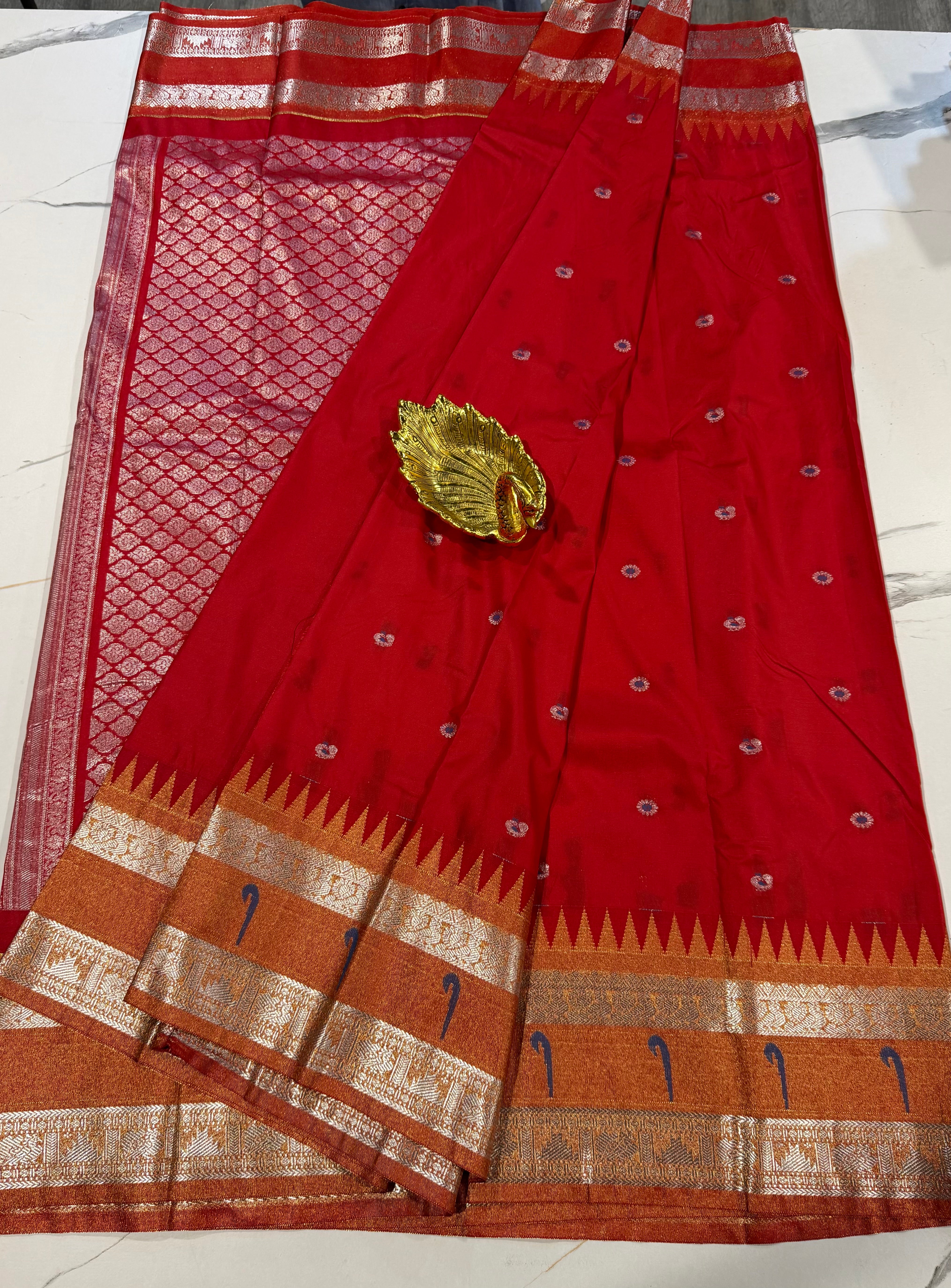 TS-3450 red Tissue Muniya Gadwal saree