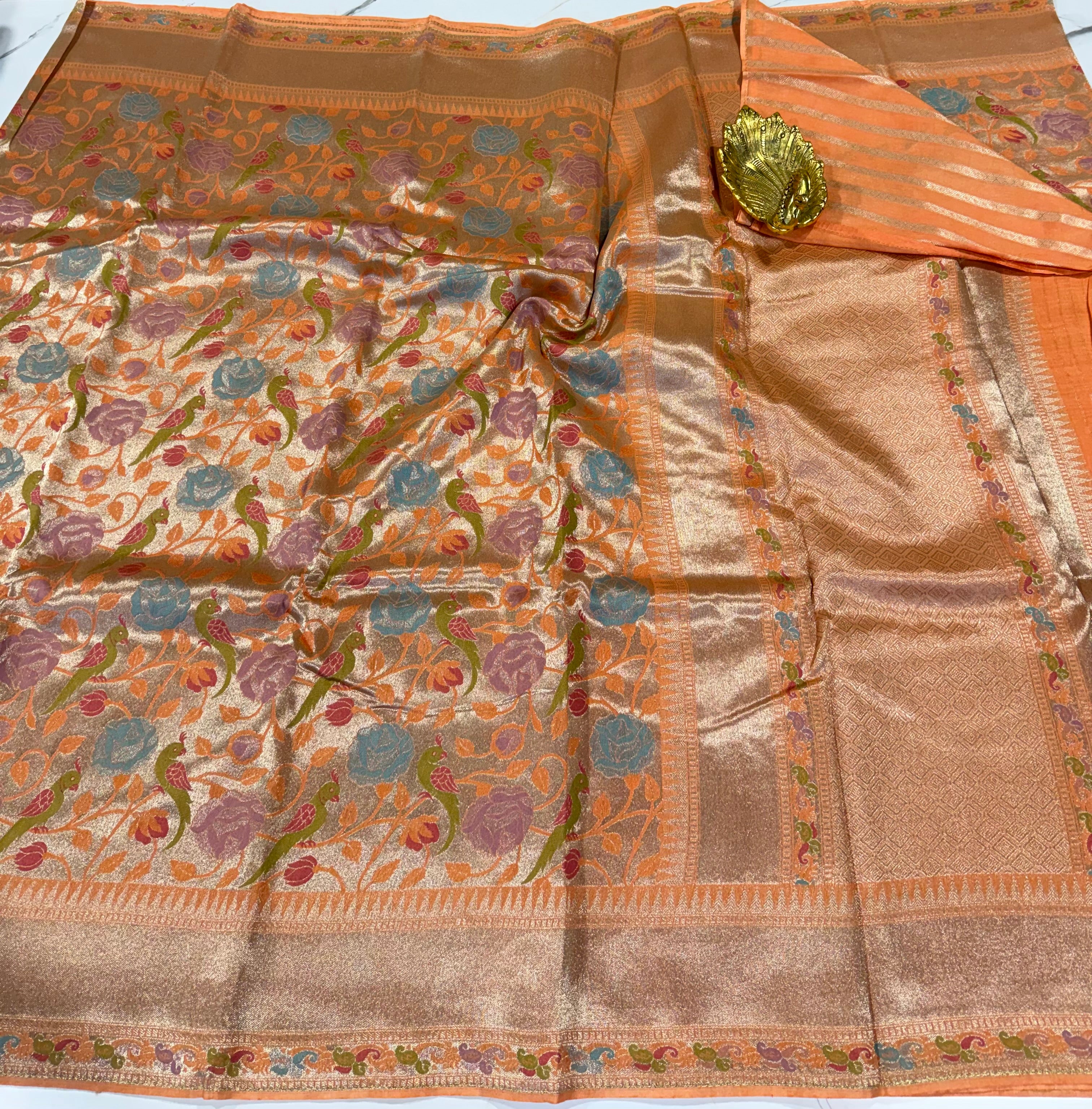 Ts-4600 peach colour Tussar tissue parrots saree