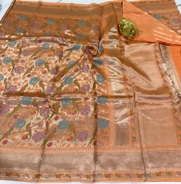 Ts-4600 peach colour Tussar tissue parrots saree