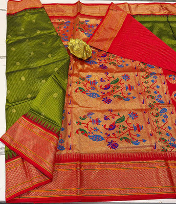 LD-SN35 
mehendi green and red border saree