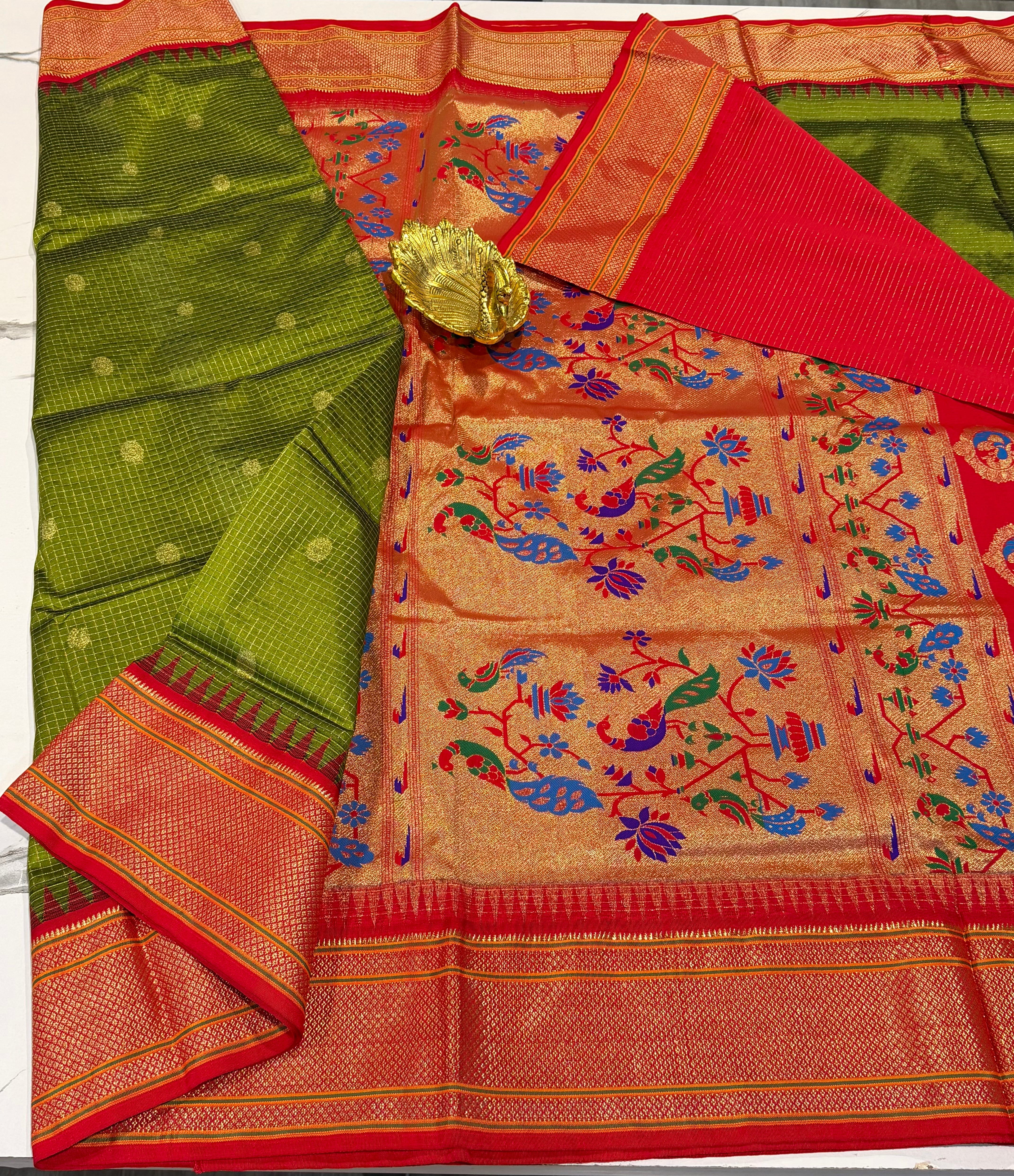 LD-SN35 
mehendi green and red border saree