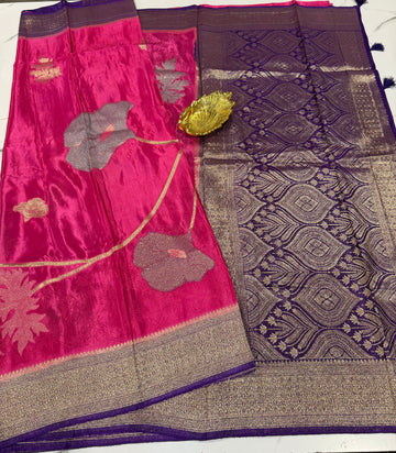 M-3300 pink n violet Banaras crep allover weaving motifs saree