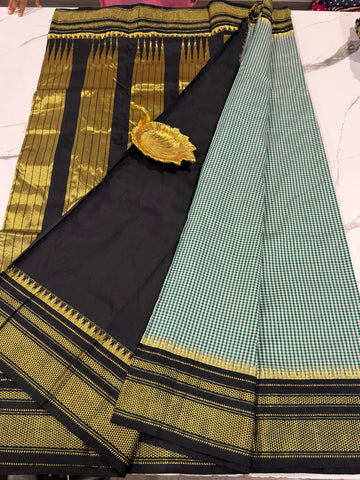 LD-N22 narayanapet green n white checks and black border saree