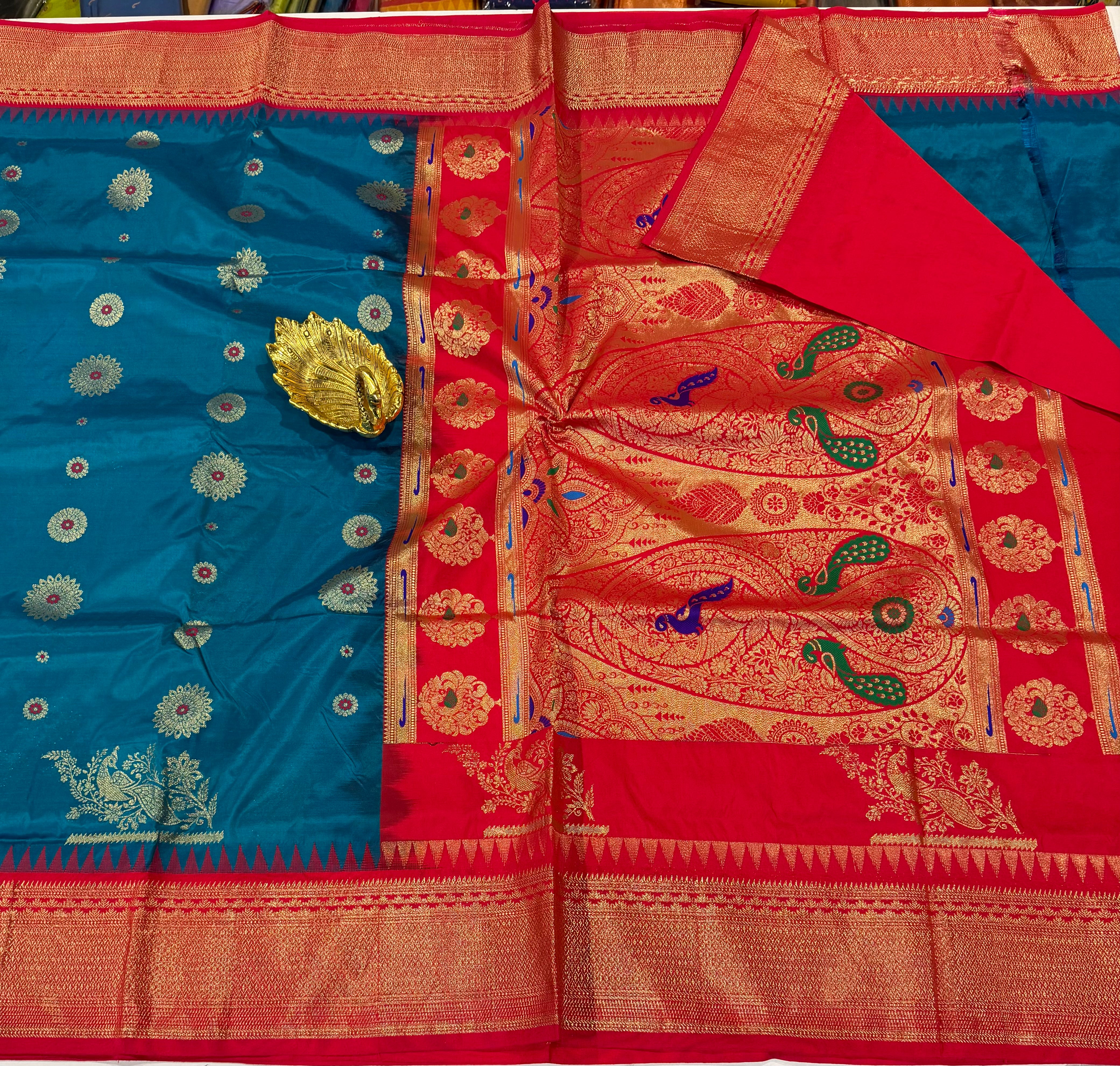 SN-35 Semi narayanpet krishnan blue and red border saree
