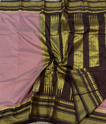 Nc-23 Red n white checks brown borders Narayanpet ilkal checks saree
