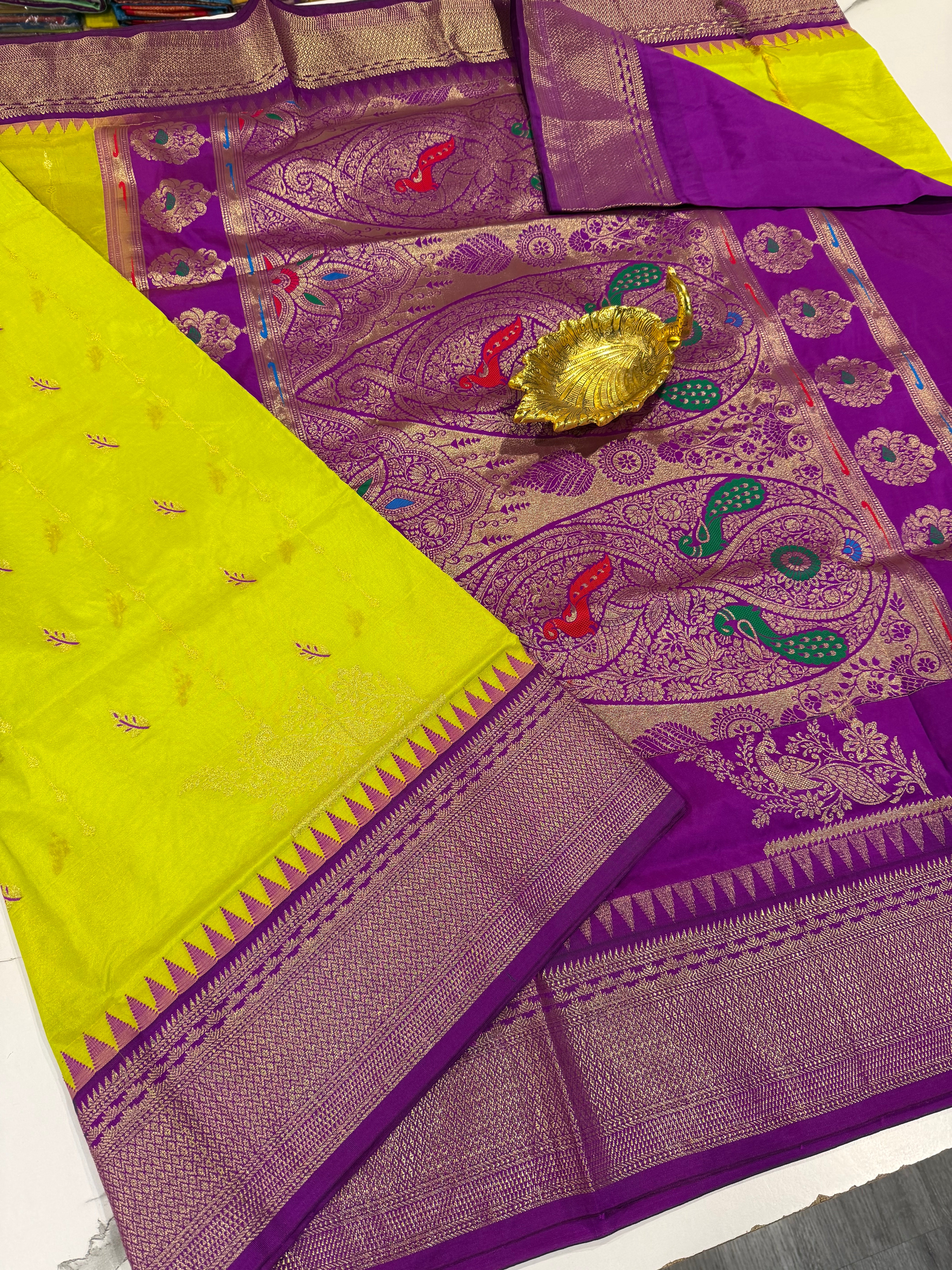 LD-NL35 semi narayanpet pattu lime green and purple border saree