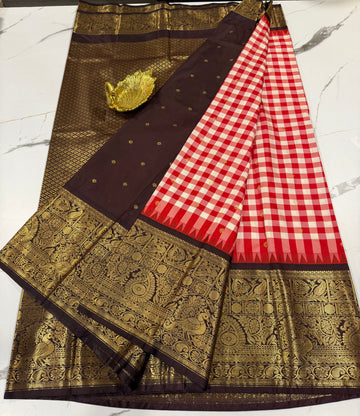 SGC-2800 semi Gadwal checks red and brown border saree