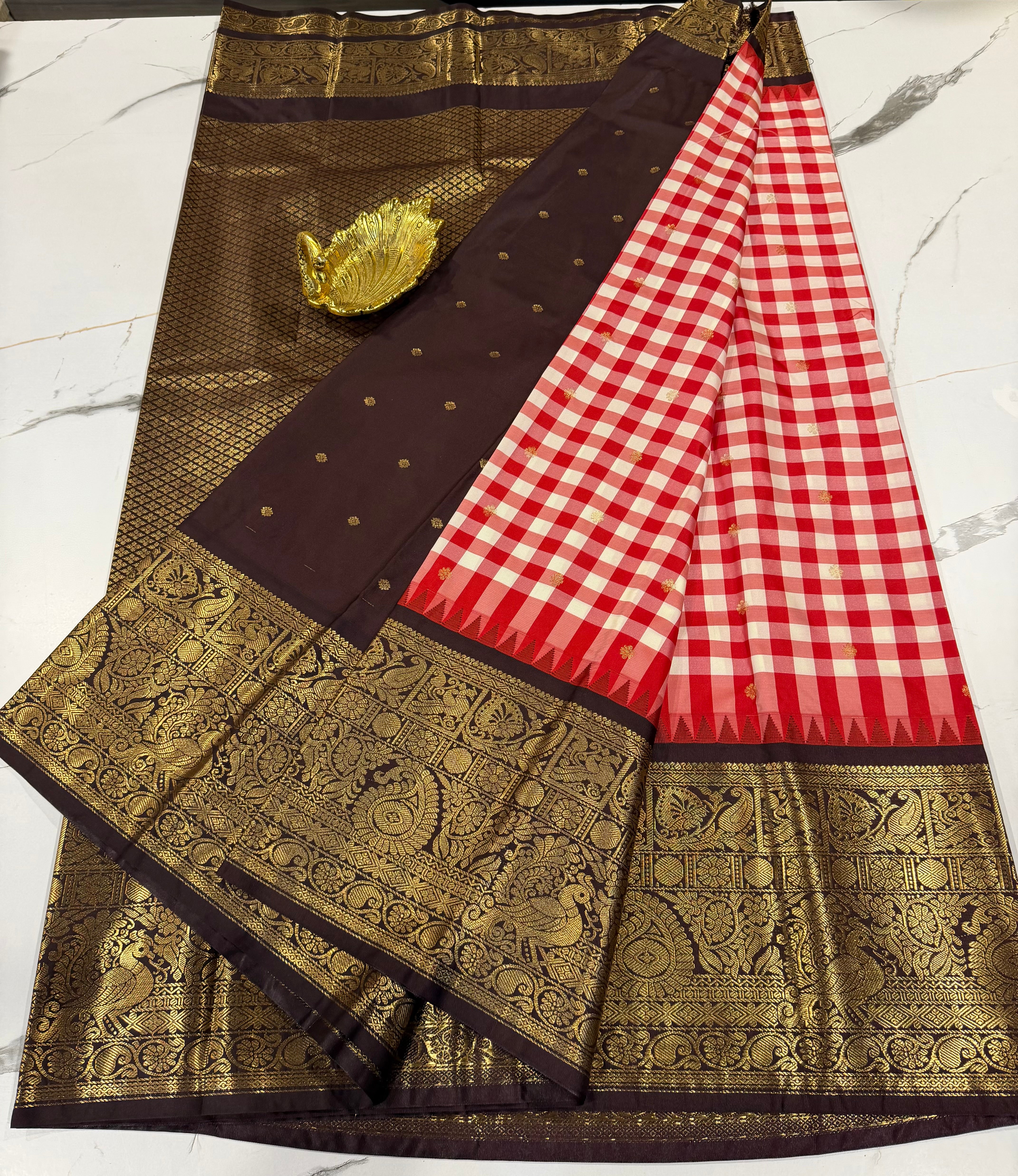 SGC-2800 semi Gadwal checks red and brown border saree