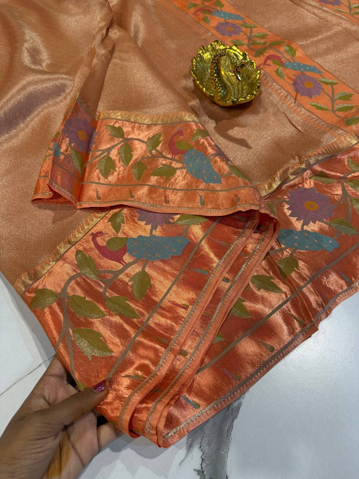 KT-53 peach colour kanchi tissue paithani borders saree