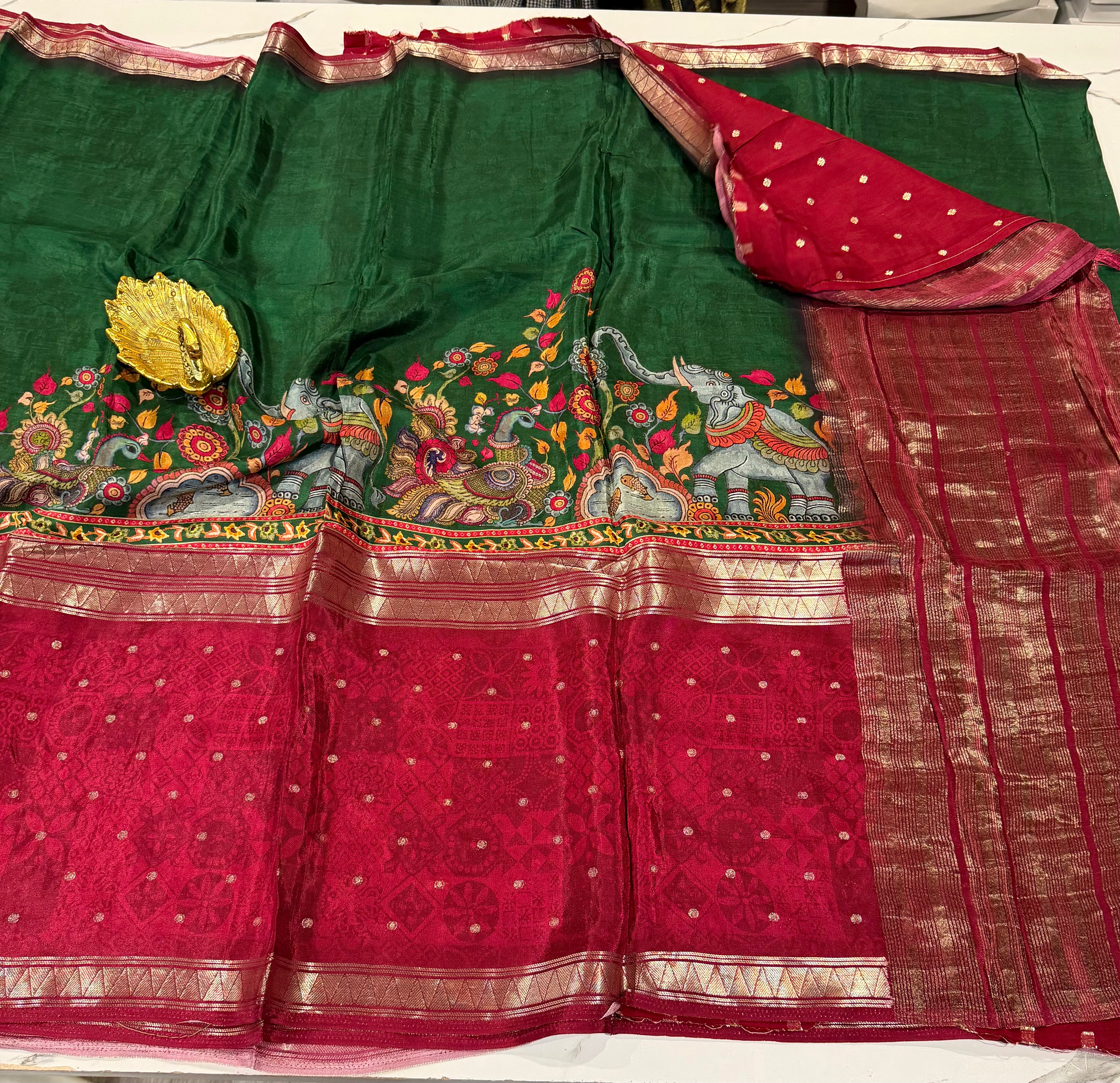 MC3299-Green and Maroon- Mysore crepe semi - story telling concept
